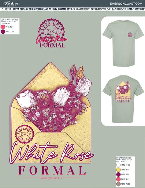 Get this White Rose Formal shirt for your sorority! 1) Click the pin 2) Click “customize me” on our site 3) Get a proof! | Custom Sorority Designs | Custom Sorority Apparel | Sorority Tee | Greek T-shirts | Sorority Formal Shirts | Semi Formal Rose Formal, Sorority Formal, Sorority Tees, Sorority Designs, Sorority Apparel, Formal Shirt, Kappa Delta, Sorority Outfits, Formal Shirts