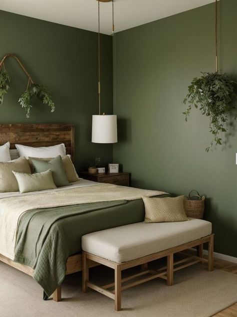 23 Relaxed Sage Green Bedroom Ideas To Recreate - She Be Thriving Guest Room Green Walls, Light And Dark Green Bedroom, Sage Green Room Ideas Bedroom Aesthetic, Bedroom Green Paint Colors, Green Walls White Furniture, Green Wall In Bedroom, Green And Beige Room, Green Attic Bedroom, Green Color Room