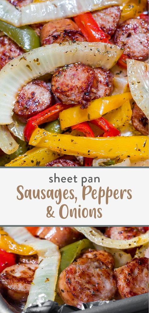 Peppers And Onions In Oven, Sheet Pan Sausage, Sausage Peppers And Onions, Smoked Sausage Recipes, Sausage Peppers, Oven Recipe, Super Easy Dinner, Italian Sausage Recipes, Sausage Dishes