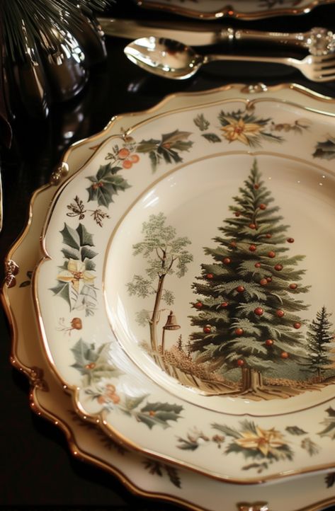 Plates Setting Ideas, Vintage Christmas Plates, Vintage Christmas Inspiration, Christmas Vintage Decor, Crystal Tablescape, Vintage Christmas Dinner, Yule 2024, Christmas Crockery, Christmas China Patterns