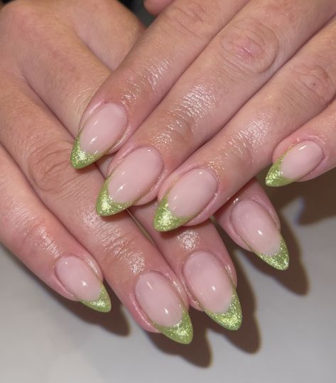 Iridescent Nails Green, Light Green And Silver Nails, Green Cat Eye French Tip Nails, Metallic Green French Tip Nails, Sparkly Green French Tips, Chrome Green French Tip Nails, Green Glitter French Tip Nails, Green Chrome French Tip, Green Chrome French Tip Nails