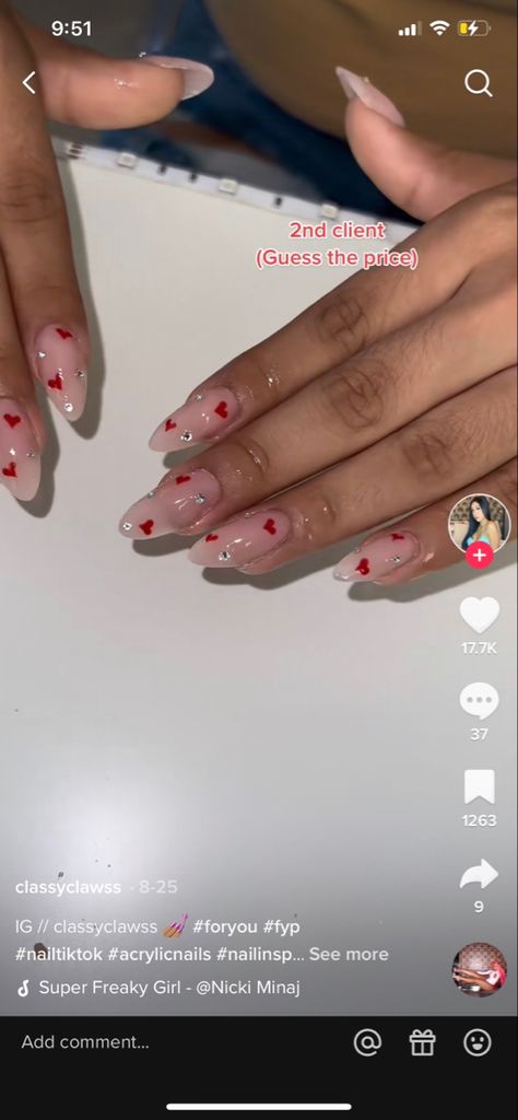 Heart nails Red Heart Nails With Gems, Clear Nails With Hearts, Small Heart Nails, Nail Designs Hearts, Heart Shaped Nails, Nails With Hearts, Hearts Nails, Nail Aesthetic, Vday Nails