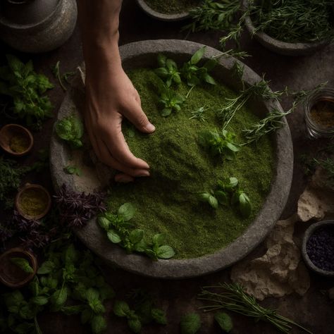 The texture of fresh herbs ground in a stone mortar is emphasized by side lighting and a contrast-focused picture style. A 35mm lens captures the rustic scene at f/2.2, providing a smooth background blur that draws attention to the vivid colors and rough edges of the herbs. The composition utilizes negative space to balance the image, invoking the scent and tactility of hands-on potion crafting. Mortar And Pestle Aesthetic, Witch Aesthetics, Side Lighting, Stone Mortar, Background Blur, Picture Style, Mortar And Pestle, Smooth Background, Negative Space