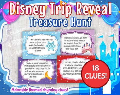 Disney Trip Reveal Scavenger Hunt Disney Trip Reveal Treasure | Etsy Trip Reveal Scavenger Hunt, Disney Trip Reveal, Surprise Trip Reveal, Disney Trip Surprise, Disney Reveal, Clue Cards, Disney Surprise, Disney Countdown, Treasure Hunt Clues