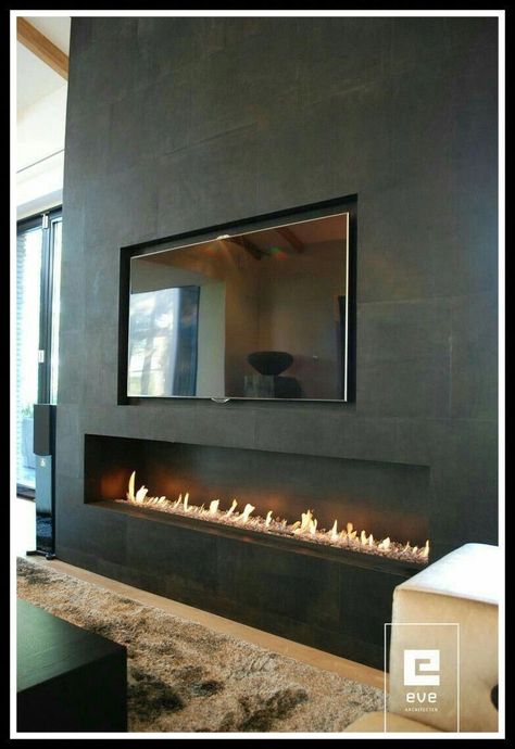 Transitional Fireplace Design With Tv, Modern Fireplace Ideas With Tv, Recessed Tv, Tv Camino, Contemporary Fireplace Decor, Diy Fireplaces, Fireplace Modern Design, Contemporary Fireplace Designs, Design Camino