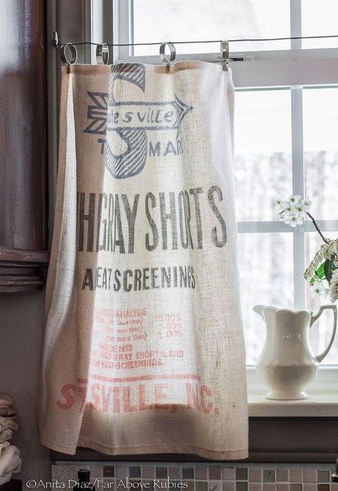 Burlap Window Treatments, Farmhouse Style Curtains, Ruffle Curtains, Coffee Sacks, Rustic Country Kitchens, Apron Sink, Picture Wire, Burlap Curtains, Drop Cloth Curtains