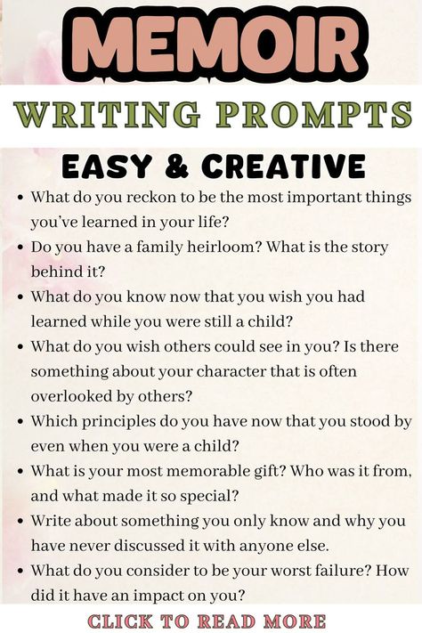 How do you get back into writing again? How do you beat writer’s block? Starting with memoir writing prompts can be a great way to reignite your creativity. These creative writing prompts might lead to great blog posts or be perfect for your personal journal. While you might not relate to every prompt, I've kept them broad to inspire anyone. These exercises can also help you develop characters for your short story, novel, or screenplay—just imagine your character answering them instead of you. Memoir Writing Prompts, Family Therapy Activities, Creative Writing Stories, Kindergarten Writing Activities, Creative Writing Exercises, Improve Writing Skills, Creative Writing Activities, Improve Writing, Memoir Writing