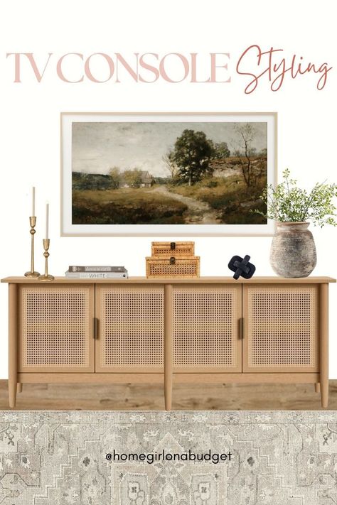 Tv Console Table Decorating, Under Tv Console, Console Table Under Tv, Under Tv Decor, Decor Under Tv, Tv Console Decorating, Transitional Farmhouse Decor, Tv Console Decor, Tv Stand Decor Living Room