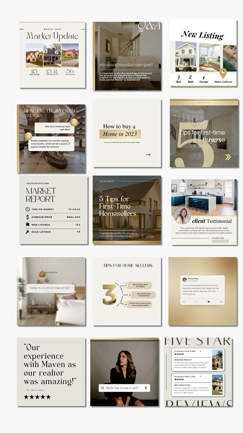 Luxurious Canva templates for real estate agents to promote their listings on Instagram, Facebook, Reels, TikTok, and #Minimalist_Real_Estate_Social_Media #Real_Estate_Ig_Feed #Luxurious_Social_Media_Design #Luxury_Instagram_Feed_Design Minimalist Real Estate Social Media, Real Estate Ig Feed, Moodboard Real Estate, Home Builder Social Media, Luxurious Social Media Design, Luxury Social Media Template, Realtor Aesthetic Instagram, Luxury Real Estate Instagram Feed, Real Estate Marketing Aesthetic