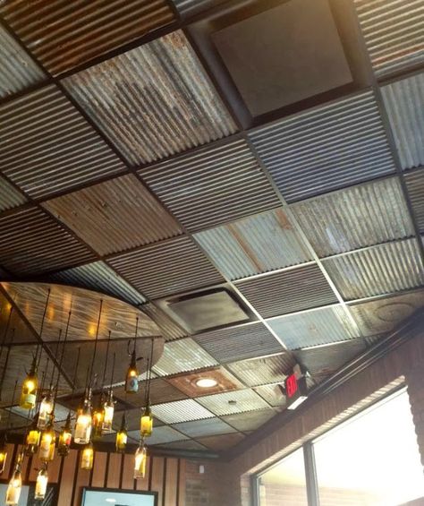 Because I Love This Ceiling! | The Twin Cedars Ceiling Update, Tile Makeover, Ceiling Makeover, Acoustic Ceiling Tiles, Drop Ceiling Tiles, Corrugated Tin, Sofa Ottoman, Rustic Photography, Metal Sheets