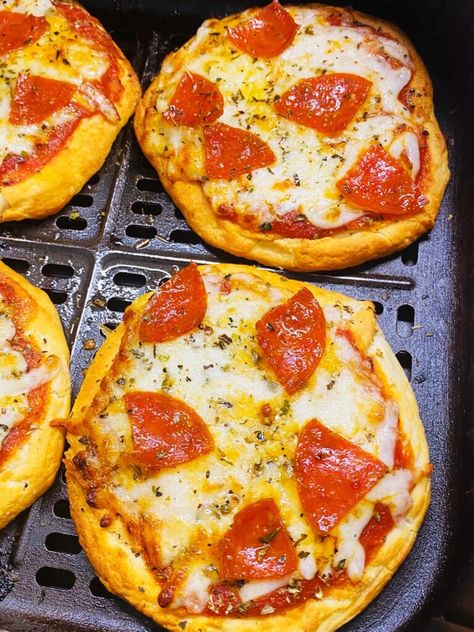 Air Fryer Biscuit Pizzas - Cooks Well With Others Air Fryer Biscuits Canned Pizza, Air Fryer Biscuits Recipes, Pillsbury Biscuits In Air Fryer, Flaky Biscuit Pizza Air Fryer, Pillsbury Pizza Crust Recipes Air Fryer, Air Fryer Biscuit Pizza, Biscuit Air Fryer Recipes, Air Fryer Pita Pizza, Pillsbury Biscuit Recipes Air Fryer