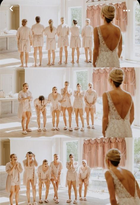 Brides First Look With Bridesmaids, Getting Ready Photos With Bridesmaids, Robe Pictures Wedding Bridal Parties, Fun Bride And Bridesmaid Pictures, Wedding Dress Reveal To Bridesmaids, Bride With Individual Bridesmaid, Bridesmaid Poses Getting Ready, Winter Bridal Party Getting Ready, Bride Reveal To Bridesmaids