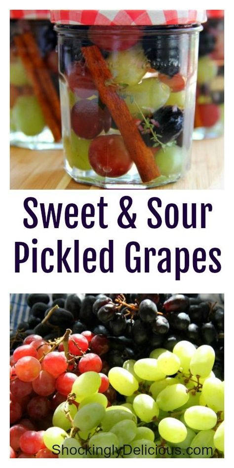 Sweet and sour pickled grapes are wonderful with sandwiches, cold meats, roasted chicken or turkey, lamb, sausages…anything! I make them in summer when grapes are plentiful and tuck them in the back of the refrigerator for Thanksgiving, too. #shockinglydelicious #picklerecipe #graperecipe #pickledgrapes Kimchi Pickles, Pickled Grapes, Sandwiches Cold, Pickles Recipes, Pickled Fruit, Fantastic Recipes, Grape Recipes, Treats Recipes, Appetizers Recipes