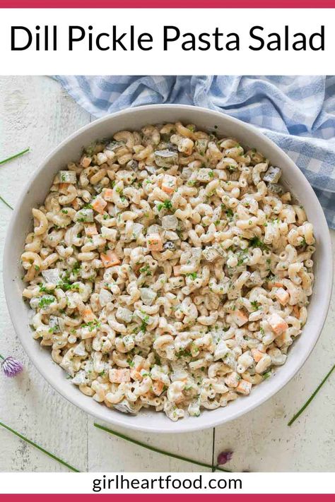 This dill pickle pasta salad recipe is always a hit, especially with dill pickle lovers! With simple ingredients like elbow macaroni, dill pickles, cheddar cheese, chives and a deliciously creamy dressing, it's a cinch to make and a great addition to those casual summertime get-togethers and barbecues. Dill Pickle Pasta Salad Recipe, Pickle Pasta Salad Recipe, Pickle Pasta Salad, Pickle Pasta, Dill Pickle Pasta Salad, Summer Pasta Recipes, Creamy Pasta Salads, Comfort Dinner, Pasta Salad Dressing