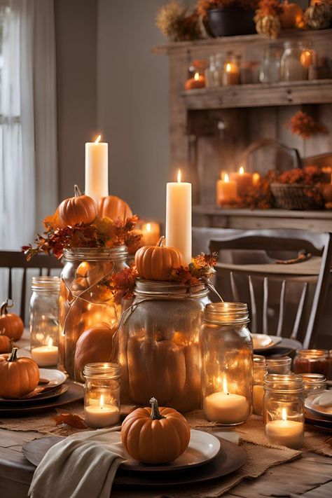 Add rustic charm to your Thanksgiving table with creative mason jar decor! From centerpieces filled with fall flowers to candle holders adorned with twine, mason jars are a versatile and budget-friendly way to elevate your holiday table. Explore simple DIY ideas for incorporating mason jars into your Thanksgiving decor for a cozy, festive touch that complements the season’s harvest. Decor With Mason Jars, Thanksgiving Table Decor Ideas, Mason Jar Decor, Thanksgiving Table Decor, Table Decor Ideas, Simple Centerpieces, Dinner Table Setting, Jar Decor, Thanksgiving Table Decorations