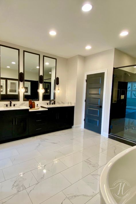 Black Cabinet Master Bath, Black Quartz Bathroom, Black Marble Master Bath, Marble Shower With Black Floor, Black Slate Bathroom Floor Master Bath, Primary Bathroom Black Vanity, Black Cabinets Bathroom, Truist Park, Quartz Bathroom