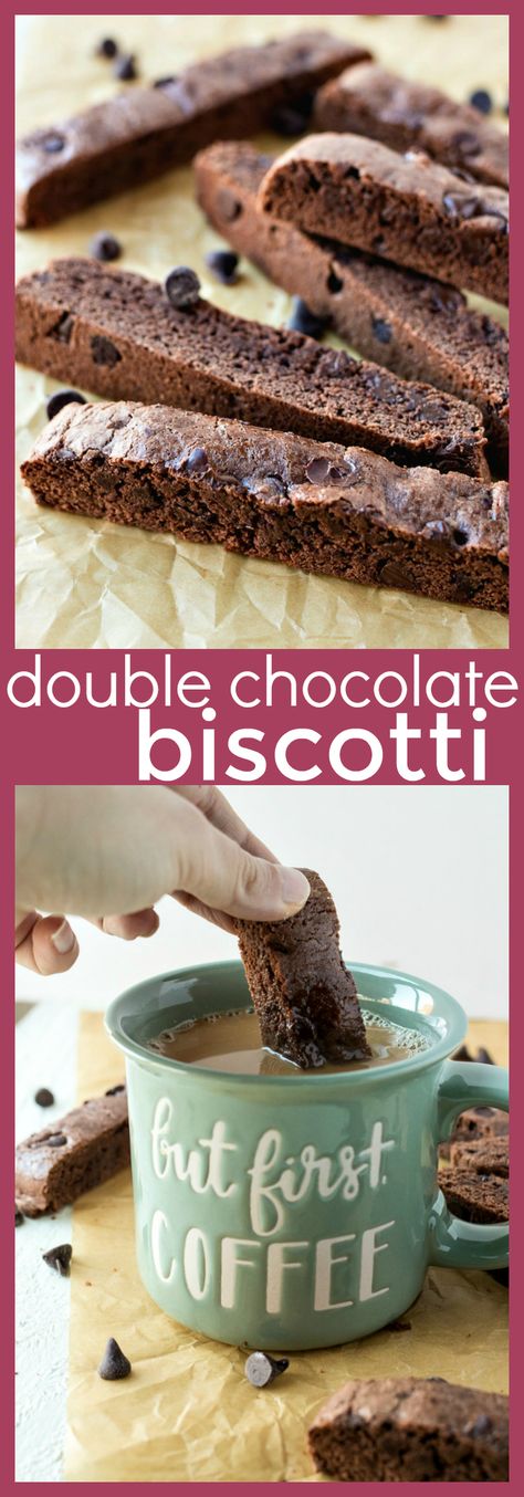 Double Chocolate Biscotti - Chocolate cookies are loaded with chocolate chips and baked twice to make them extra crispy and perfect for dunking into your favorite hot beverage #recipes #chocolate #biscotti #cookies #coffee #snack #breakfast #brunch #baking #chocolatechips Brunch Baking, Biscotti Chocolate, Best Biscotti Recipe, Chocolate Biscotti Recipe, Hazelnut Truffles, Easy Biscotti Recipe, Almond Biscotti Recipe, Chocolate Biscotti, Almond Biscotti