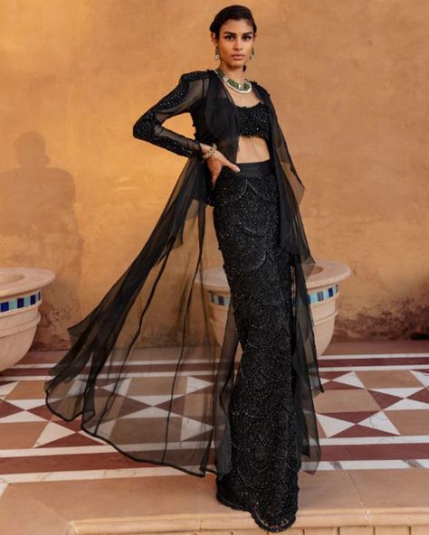 Retro Love Black Pearl Drop Embellished Jacket Set High Waist Palazzo Pants, Ridhima Bhasin, Organza Embroidery, Tonal Embroidery, Padded Blouse, Ruffle Jacket, Palazzo Set, Embellished Jacket, Embellished Blouse