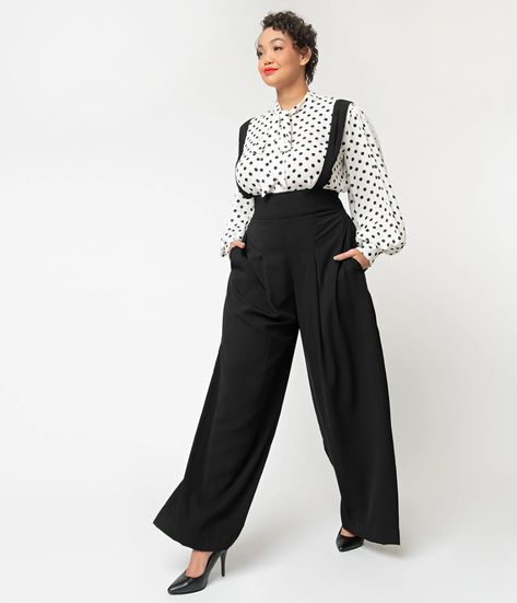 Unique Vintage Plus Size Black Wide Leg Rochelle Suspender Pants Plus Size Wide Leg Pants, Vintage Brand Clothing, Ripped Jeggings, Uv Clothing, Vintage Plus Size, Suspender Pants, Plus Size Vintage, Black High Waist, Plus Size Pants