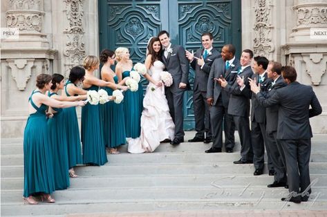 Teal Wedding Party Groomsmen, Peacock Bridesmaid Dresses And Groomsmen, Teal Bridesmaid Dresses With Groomsmen, Wedding Ideas Teal, Teal And Gray Wedding, Teal Bridal Party, Teal Groomsmen, Corn Wedding, Groomsmen Colors