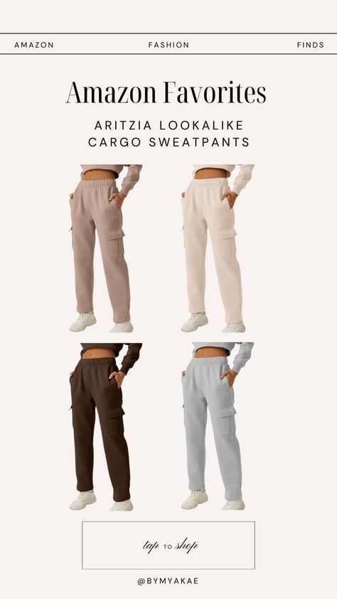 A selection of cargo sweatpants in chic neutral tones, paired with white sneakers. A “tap to shop” prompt, and the user handle “@BYMYAKAE.” Amazon Sweatpants, Cargo Sweatpants Outfit, Amazon Outfit Ideas, Amazon Pants, Cargo Sweatpants, Amazon Fashion Finds, Sweatpants Outfit, Chunky Knits, Neutral Palette