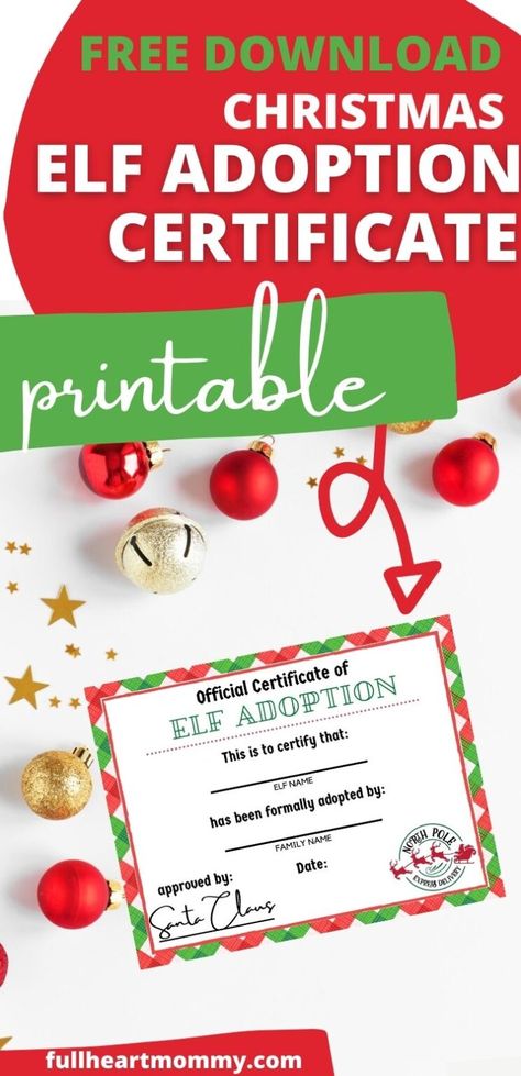 Want to make your elf on the shelf an official family member? This elf adoption certificate is free to download. Just print and fill out! Christmas traditions, elf on the shelf, free printable, Christmas activities for kids. Elf On The Shelf Adoption Certificate Free Printable, Elf On The Shelf Adoption Certificate, Elf Adoption Certificate Free Printable, Elf Certificate Free Printable, Elf Adoption Certificate Free, Free Printable Christmas Activities, Christmas Free Printables, Christmas Light Scavenger Hunt, Christmas Crafts Food