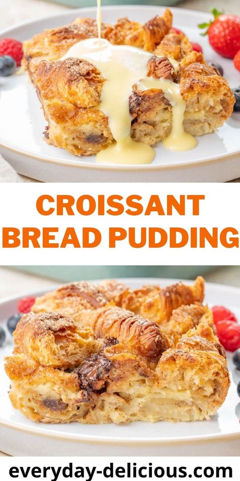 Bread Pudding With Croissants, Crossiant Recipes, Chocolate Chip Bread Pudding, Croissant Bread Pudding, Breakfast Casserole With Biscuits, Bread Pudding Easy, Banana Bread Pudding, Croissant Bread, Sweet Breakfast Treats