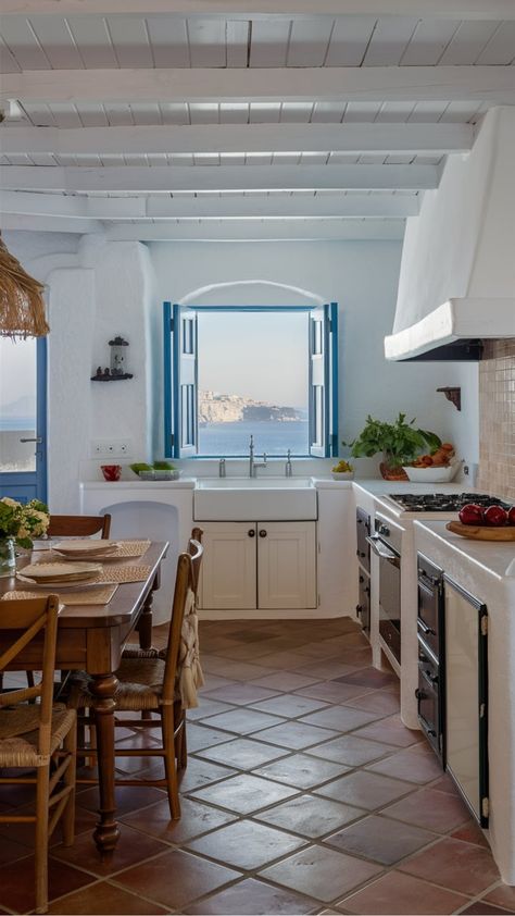 Greek Coastal Kitchen Greek Kitchen Design, Greek Cottage, Medditeranean Style Home, Coastal Kitchens, Greek Kitchen, Rustic Wooden Furniture, Blue Shutters, Mediterranean Kitchen, Beach Kitchens