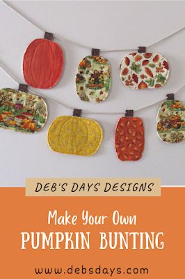 Deb's Days: Make Your Own Homemade Pumpkin Bunting Banner - Decorate with Fabric Pumpkins Autumn Bunting Ideas, Sewing Autumn Decoration, Bunting Ideas, Fabric Pumpkin Garland, Pumpkin Banner Diy, Sew Fall Garland, Pumpkin Bunting, Diy Halloween Trick Or Treat Bags, Scrap Fabric Banner