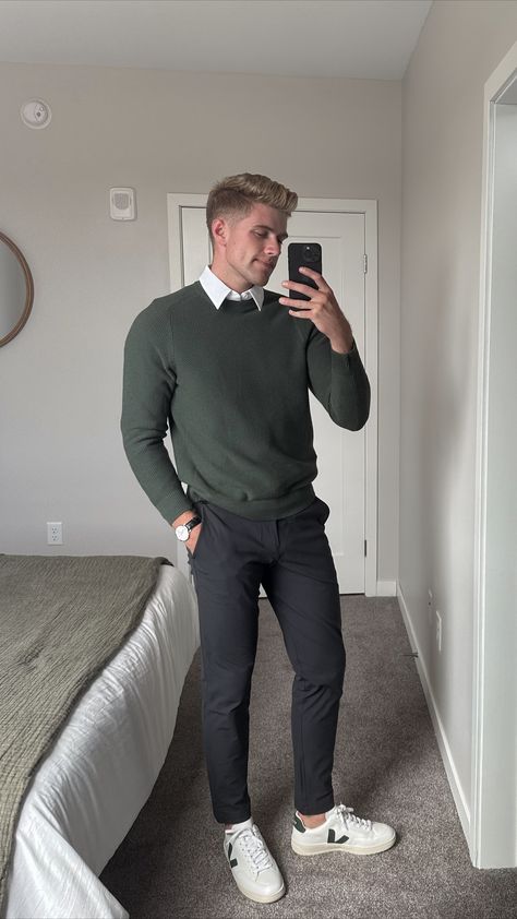 Collared Shirt Under Sweater Outfit Men, Collar Under Sweater Outfit Men, Man Thanksgiving Outfit, Work Outfits Men Offices, Consulting Outfit Men, Dress Pants With Sneakers Men Outfit, Men’s Outfits Date Night, Mens Outfit Date Night, Mens Veja Sneakers Outfit