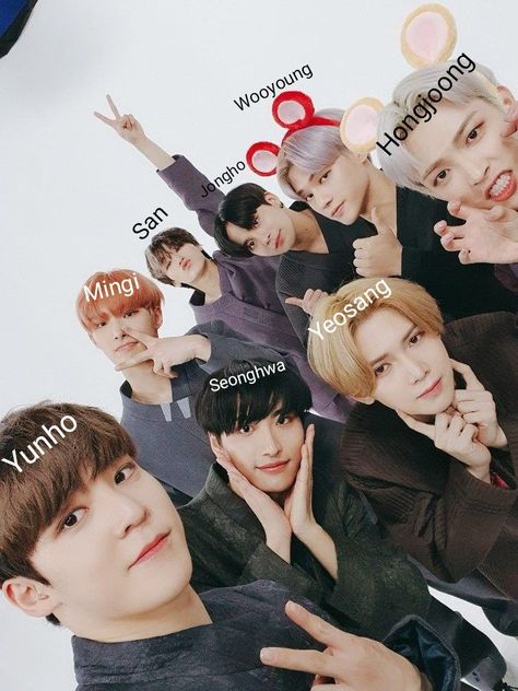 Ateez Group Photo With Names, Ateez Group Photo, Bts Blood Sweat Tears, Ateez Pics, Pirate Kids, Blood Sweat And Tears, Group Photo, Kpop Idols, Group Photos