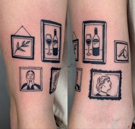 Canvas Tattoo Ideas, Thumbtack Tattoo, Cool Tattoos For Forearm, Framing Tattoos, Picture Frame Tattoo Sleeve, Small Van Gogh Tattoo, Porch Tattoo, Museum Tattoo Ideas, Framed Art Tattoo