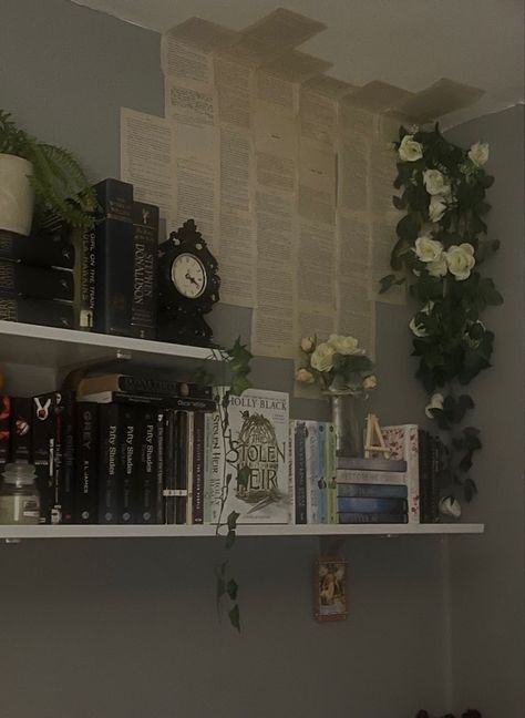 Room Ideas Dark Green Aesthetic, Dark Room Decor Aesthetic, Grunge Bedroom Decor Ideas, Greek God Room Aesthetic, Bookworm Room Decor, Ideal Room Aesthetic, Room Inspo Bookworm, Ikea Bookshelf Aesthetic, Green Cosy Bedroom