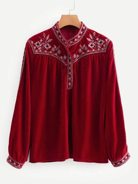 Velvet Embroidery Blouse -SheIn(Sheinside) Vintage Stand, Collar Embroidery, Velvet Embroidery, Smock Blouse, Cheap Blouses, Velvet Shirt, Red Boho, Velvet Blouses, Embroidery Blouse