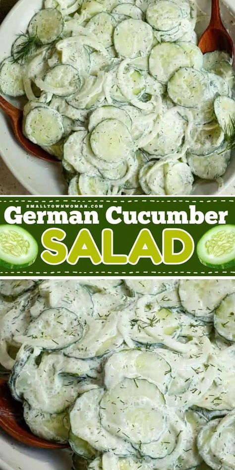 This spring side dish recipe is easy and ready in just 15 minutes! Combined with sour cream and dill, this German cucumber salad is refreshing and delicious. Put this Gurkensalat on your spring salad ideas! Spring Salad Ideas, Spring Side Dishes, German Cucumber Salad, Spring Salad Recipes, Spring Dishes, Creamy Cucumber Salad, Spring Dinner, Cucumber Recipes Salad, Salad Ideas