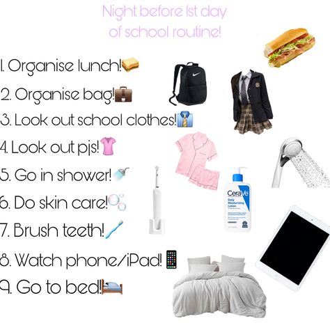 This is a great routine for a relaxing night beforethe first day back at school! Night Before School, School Advice, School Preparation, Relaxing Night, School Routine, High School Advice, Before School, Year 7, School Tips