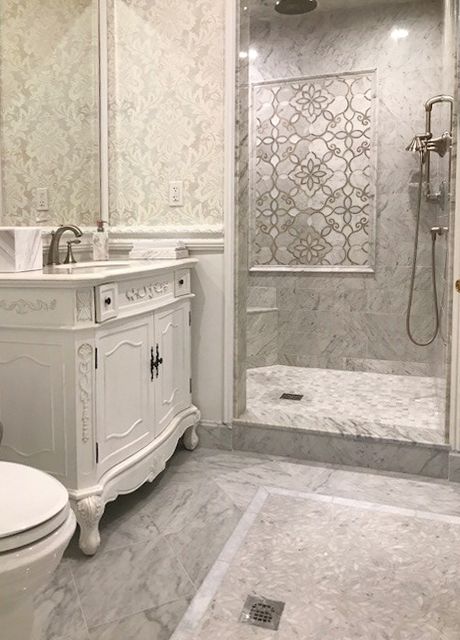 Parisian Bathroom, Shower Mosaic, Bathroom Shower Panels, Floor Mosaic, White Marble Bathrooms, Shower Panel, Bath Panel, Master Bath Remodel, Bathroom Tile Designs