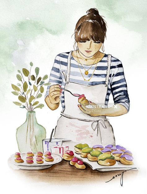 Cakes Flowers, Watercolor Artist, Watercolor Painting, Donuts, Apron, Illustrator, Illustrations, Flowers, Watercolour Painting