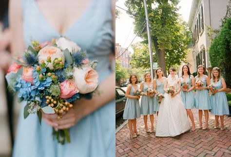 peach juliet cabbage roses, blue hydrangea, white cabbage roses, bridal bouquet...i like the colors of the bouquet, not so much the bridesmaids dresses though Blue Peach Wedding, Cornflower Blue Wedding, Peach Wedding Colors, Peach Bridesmaid, Hydrangea White, Peach Bridesmaid Dresses, White Cabbage, Peach Wedding Flowers, Blue Wedding Bouquet