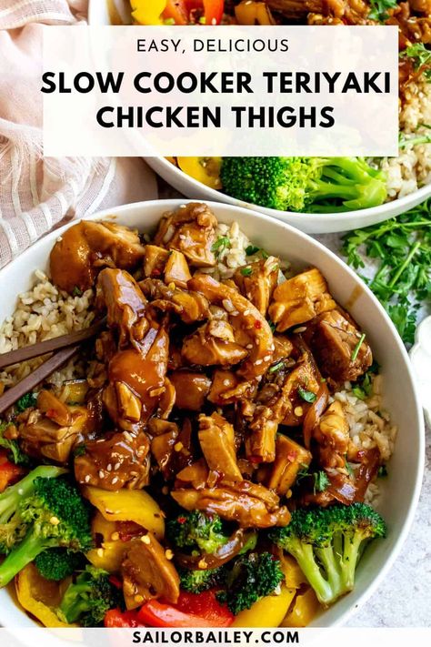 This Crockpot Teriyaki Chicken is bursting with flavor. Homemade Teriyaki chicken thighs that will melt in your mouth.
 via @sailor_bailey Healthy Crockpot Chicken Thighs, Crock Pot Teriyaki Chicken Thighs, Teriyaki Chicken Thighs Crock Pot, Crockpot Teriyaki Chicken Easy, Crockpot Teriyaki Chicken Thighs, Chicken Teriyaki Crockpot, Chicken Thigh Teriyaki, Crockpot Teriyaki Chicken, Crock Pot Teriyaki Chicken