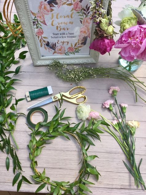 do it yourself floral crown bar, DIY Flower Crown Bar Diy, Flower Crown Party Station, Flower Crown Making Party, Flower Crown Station, Diy Flower Crowns, Flower Crown Party, Hobbit Birthday, Midsummer Party, Flower Crown Bar