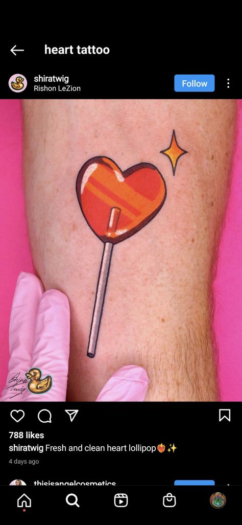 Heart Sucker Tattoo, Heart Lollipop Tattoo, Sucker Tattoo, Lollipop Tattoo, Heart Sucker, Object References, Trad Flash, Candy Tattoo, Red Lollipop