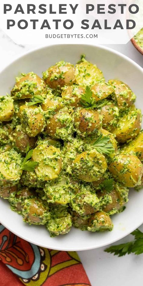 Parsley Pesto Potato Salad is an inexpensive, filling, and vibrantly flavored side dish that's perfect for any summer meal. BudgetBytes.com Orzo Potato Salad, Parsley Recipes Vegan, Salads With Parsley, Pesto And Potatoes, Vegan Parsley Recipes, Pesto Potato Salad Recipe, Pesto Chicken And Potatoes, Things To Do With Parsley, Potato Pesto Salad