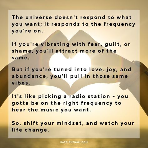 The universe doesn't respond to what you want; it responds to the frequency you're on. If you're vibrating with fear, guilt, or shame, you'll attract more of the same. #spirituality #spiritualawakening #energy #vibration Quantum Energy, Energy Vibration, Medical Intuitive, Thy Will Be Done, Tarot Card Readers, Psychic Medium, Spirituality Posters, Spirituality Book, Psychic Mediums