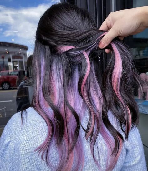 Peekaboo Hair Color Ideas, Purple Peekaboo Hair, Peekaboo Hair Color, Trending Hair Color, Under Hair Color, Peekaboo Hair Colors, Trending Hair, Hair Color Underneath, Peekaboo Hair