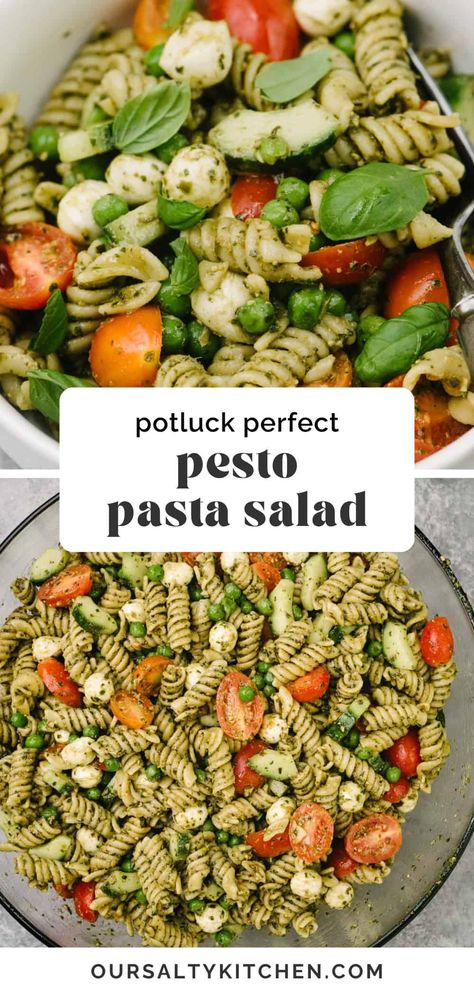 A really good pasta salad will always have you invited back to the cookout! Pesto pasta salad stands out. It nails the perfect balance between big, bold flavor and just the right texture. Use store-bought or homemade pesto sauce, then mix in tomatoes, cucumbers, peas, and fresh mozzarella for irresistible bites. This pasta salad recipe is quick, easy, and ideal for serving a crowd. #pastasalad #easyrecipes #vegetarian #pesto #foracrowd Healthy Veggie Pasta Salad, Pasta Salad Recipes Pregnant, Cold Rotini Pasta Salad, Pasta Salad For Pregnant Women, Gf Pasta Salad Recipes, Simple Cold Pasta Salad Recipes, Pasta Salad Recipes Pesto, Pesto Pasta Salad Recipes, Make Ahead Pasta Salad