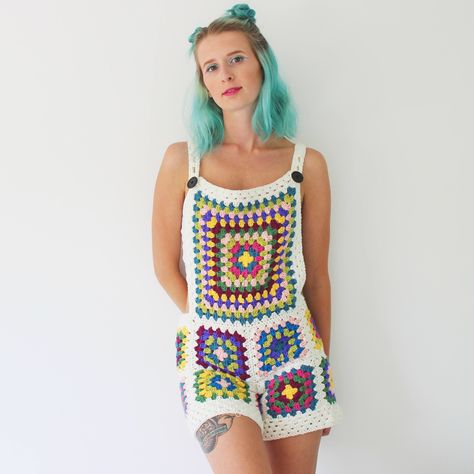 Crochet Dungarees - Overalls- Handmade - Vintage Style - Small by Josiemeakin on Etsy https://www.etsy.com/uk/listing/487978022/crochet-dungarees-overalls-handmade Crochet Dungarees, Crochet Summer Dresses, Shorts Crochet, Hippie Crochet, Crochet Romper, Crochet Skirts, Romper Pattern, Crochet Shorts, Crochet Decoration