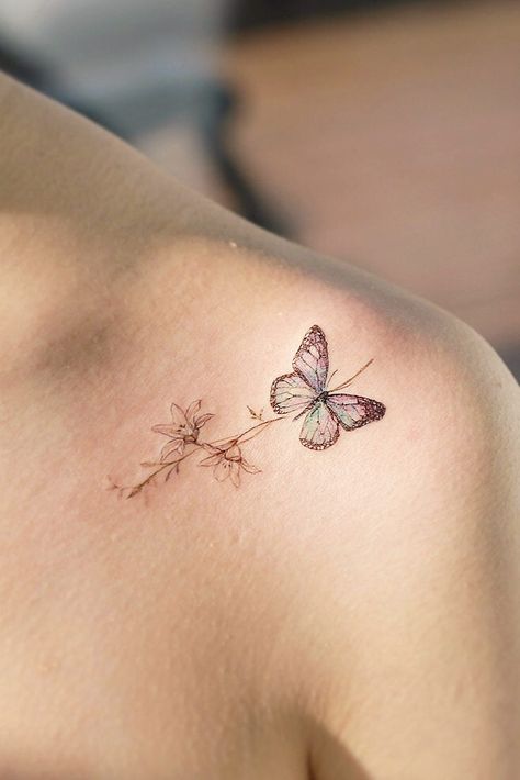 Shoulder Butterfly Tattoo #shouldertattoo Butterfly Tattoos On Shoulder, Tattoos On Shoulder, Tattoos Shoulder, Tattoos Watercolor, Butterfly With Flowers Tattoo, Tattoo Guide, Butterfly Tattoo On Shoulder, Butterfly Tattoo Meaning, Small Shoulder Tattoos