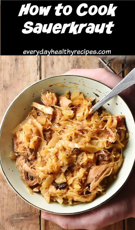 Top down view of sauerkraut stew in bowl with spoon. Cooking Sauerkraut, German Sauerkraut Recipe, Easy Sauerkraut Recipe, Raw Sauerkraut, Sauerkraut Soup, Braised Cabbage, Fermented Cabbage, Sauerkraut Recipes, Potluck Dishes