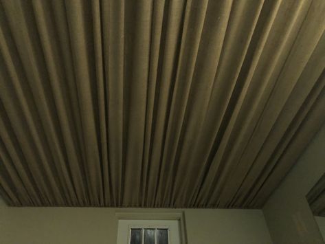 Completed installation of burlap covered ceiling. Burlap Ceiling Basement, Burlap Ceiling Ideas, Temporary Ceiling Covering, Cover Basement Ceiling With Fabric, Diy Fabric Ceiling, Fabric Ceiling Installation, Fabric Ceiling Basement, Fabric Ceiling Ideas Bedroom, Cloth Ceiling Ideas